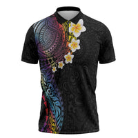 Hawaiian Tribal Tattoo and Plumeria Zipper Polo Shirt Polynesian Pattern Rainbow
