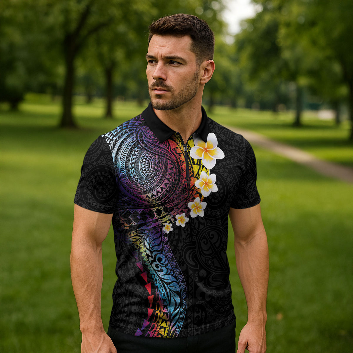 Hawaiian Tribal Tattoo and Plumeria Zipper Polo Shirt Polynesian Pattern Rainbow