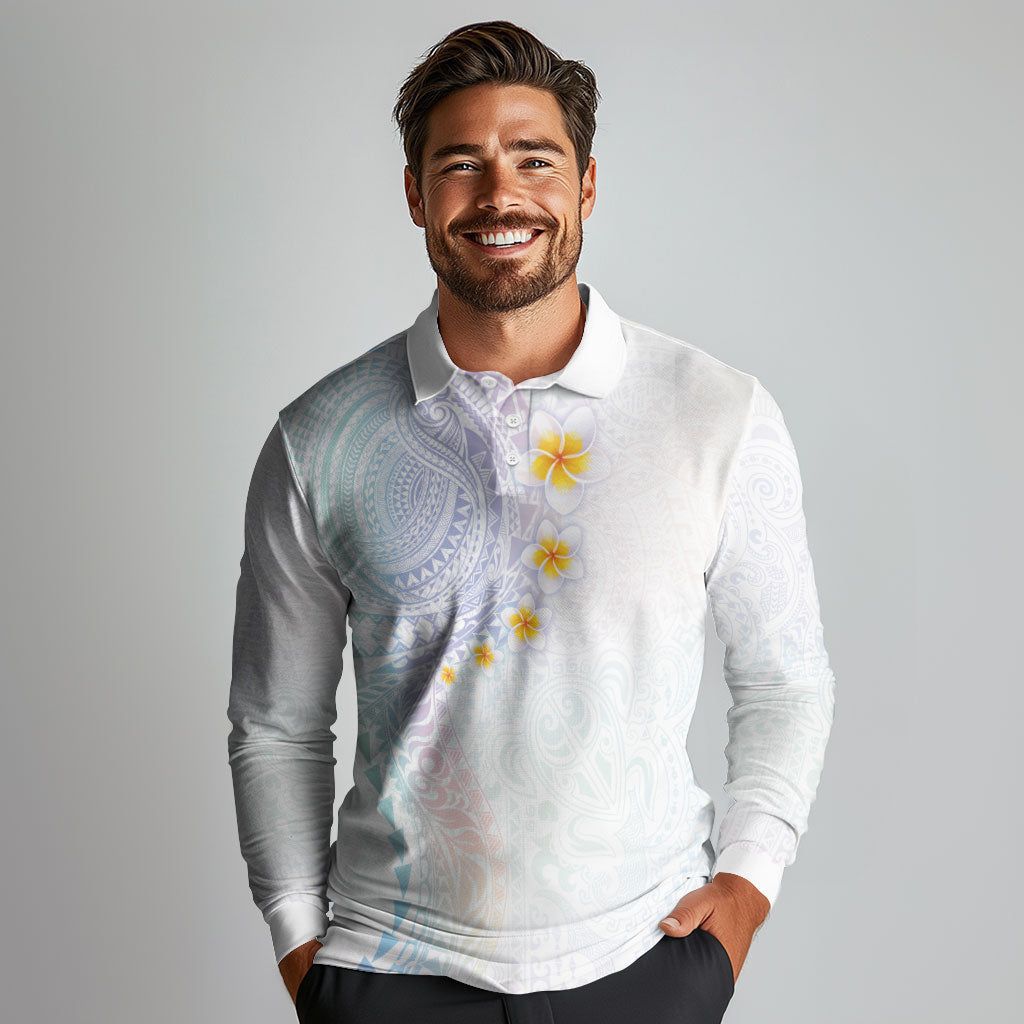 Hawaiian Tribal Tattoo and Plumeria Long Sleeve Polo Shirt Polynesian Pattern Sweet