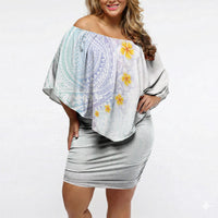 Hawaiian Tribal Tattoo and Plumeria Off Shoulder Short Dress Polynesian Pattern Sweet