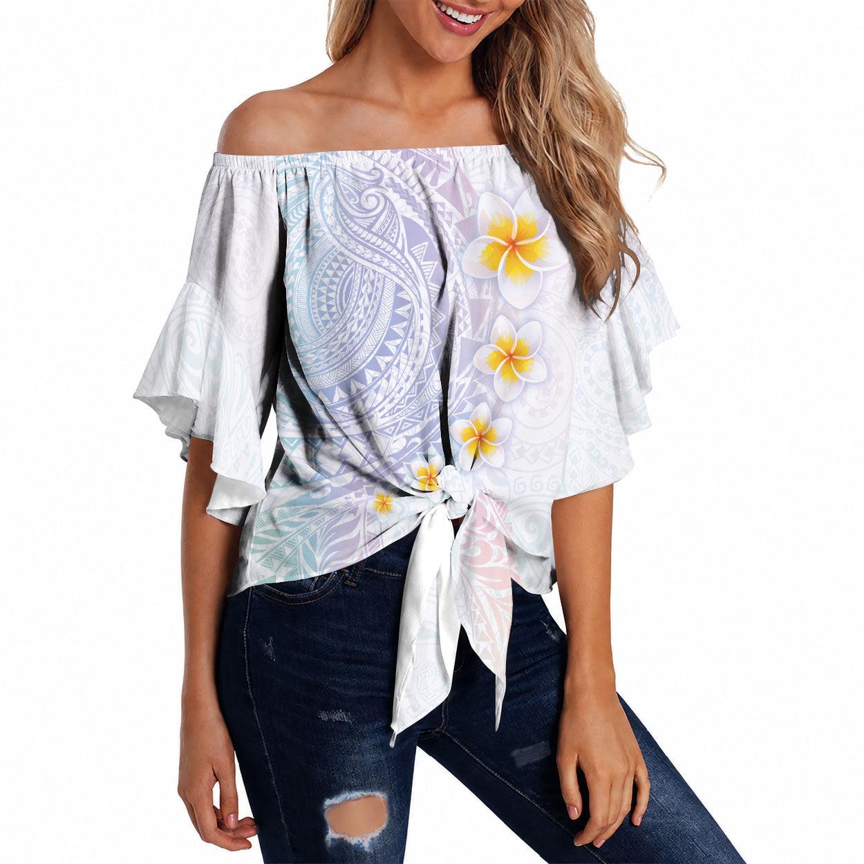 Hawaiian Tribal Tattoo and Plumeria Off Shoulder Wrap Waist Top Polynesian Pattern Sweet