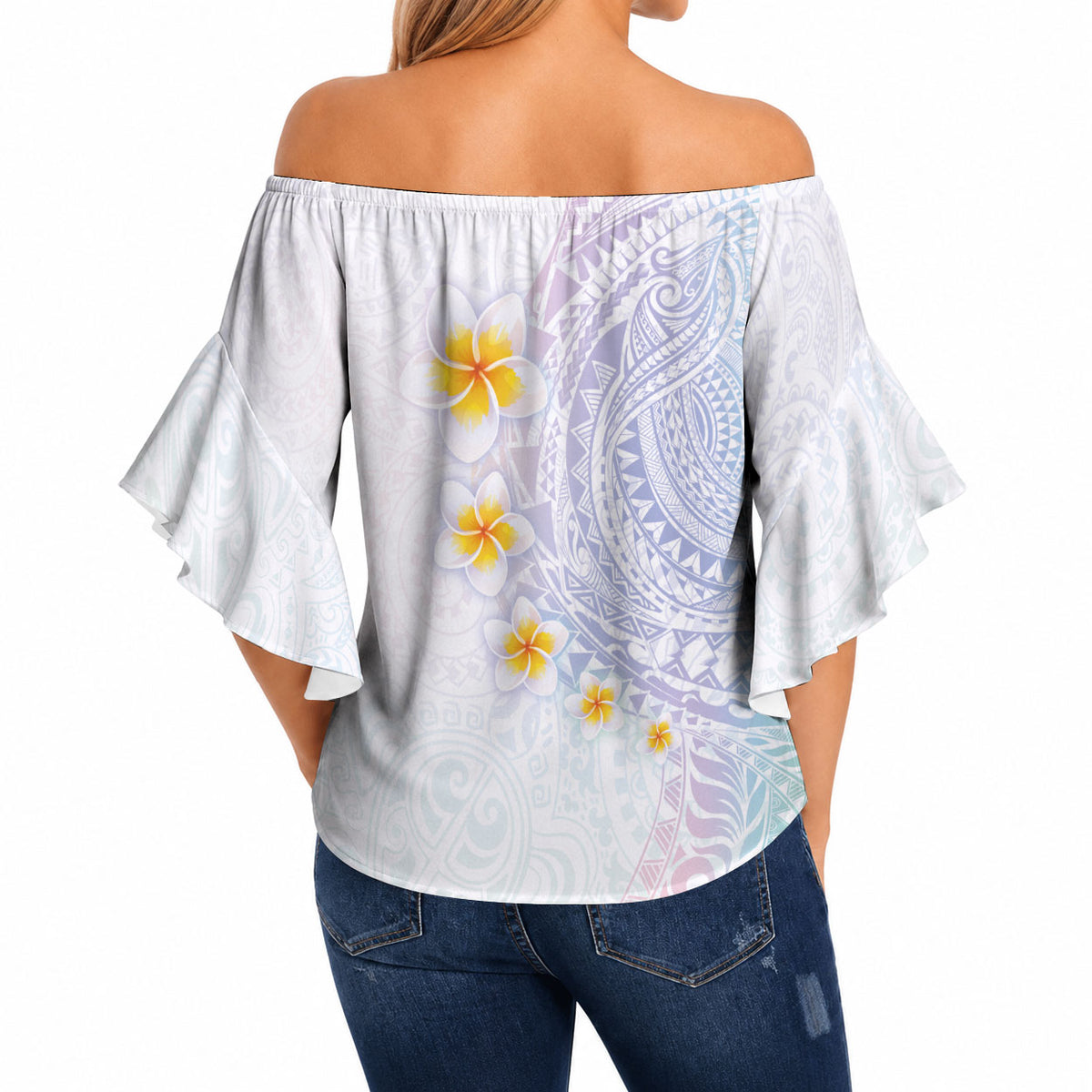 Hawaiian Tribal Tattoo and Plumeria Off Shoulder Wrap Waist Top Polynesian Pattern Sweet