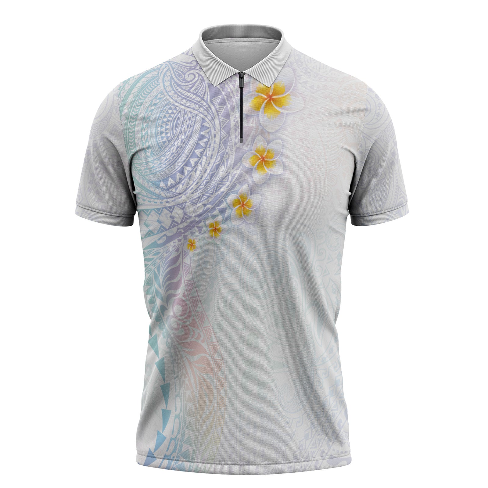Hawaiian Tribal Tattoo and Plumeria Zipper Polo Shirt Polynesian Pattern Sweet