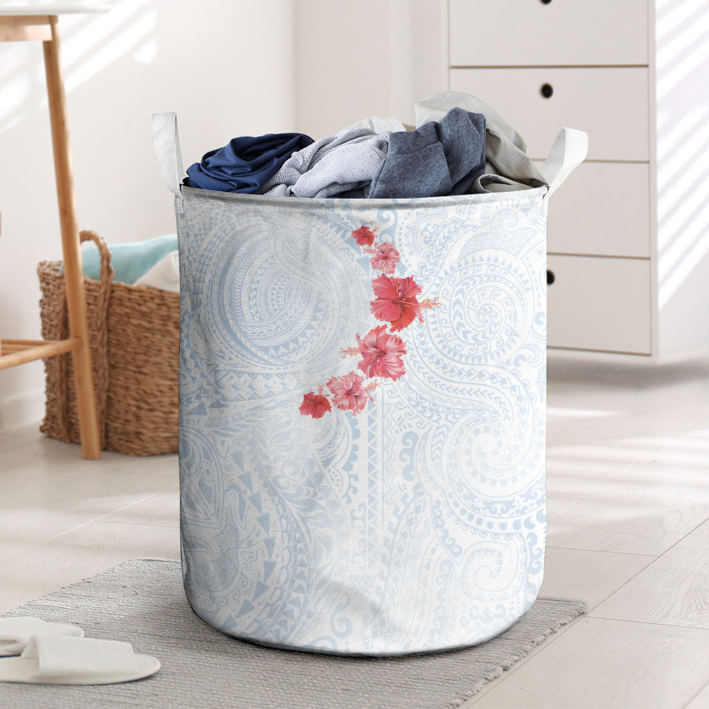 Hawaiian Tribal Tattoo and Hibiscus Laundry Basket Polynesian Pattern Airy White Blue Cloud