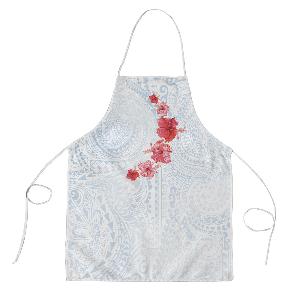 Hawaiian Tribal Tattoo and Hibiscus Apron Polynesian Pattern Airy White Blue Cloud