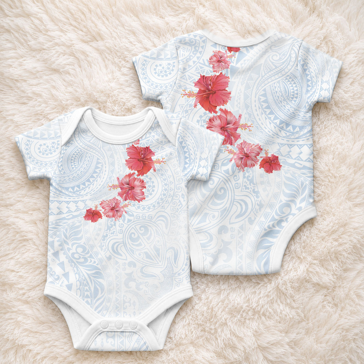 Hawaiian Tribal Tattoo and Hibiscus Baby Onesie Polynesian Pattern Airy White Blue Cloud