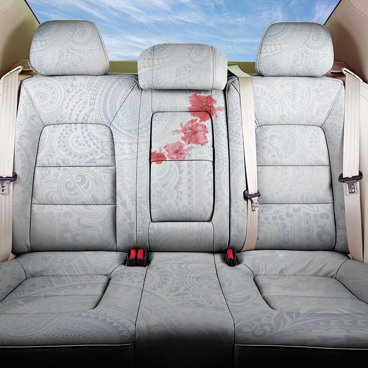 Hawaiian Tribal Tattoo and Hibiscus Back Car Seat Cover Polynesian Pattern Airy White Blue Cloud