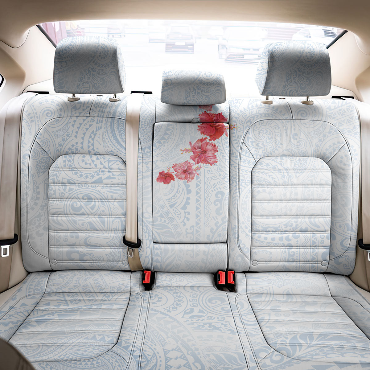 Hawaiian Tribal Tattoo and Hibiscus Back Car Seat Cover Polynesian Pattern Airy White Blue Cloud