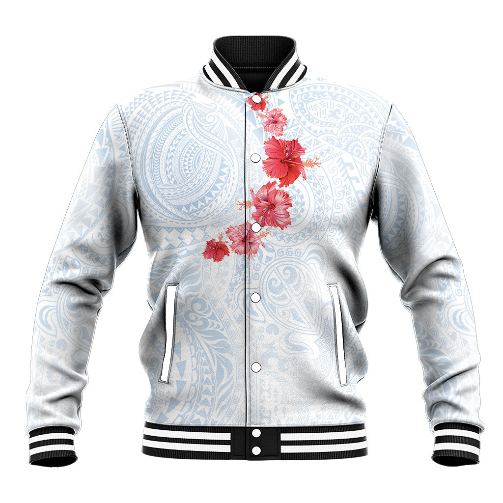 Hawaiian Tribal Tattoo and Hibiscus Baseball Jacket Polynesian Pattern Airy White Blue Cloud