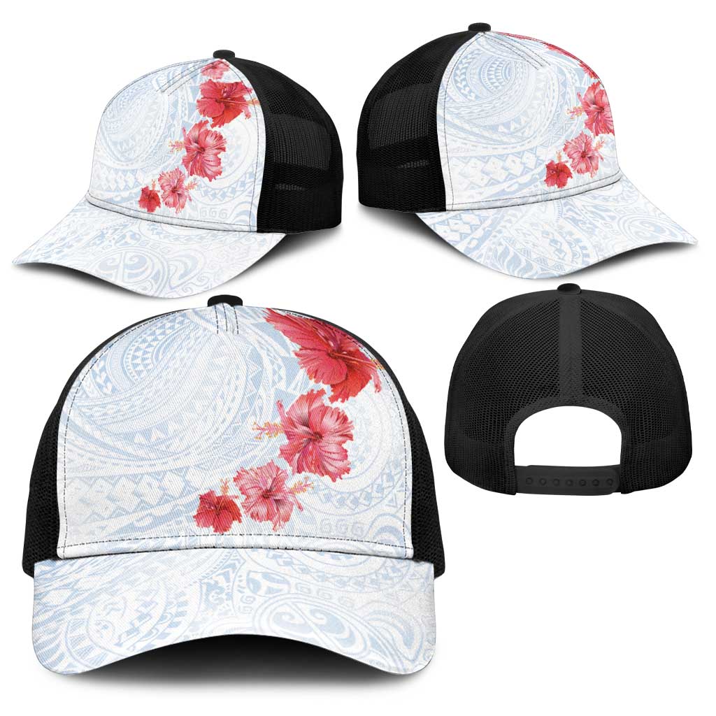 Hawaiian Tribal Tattoo and Hibiscus Baseball Net Cap Polynesian Pattern Airy White Blue Cloud