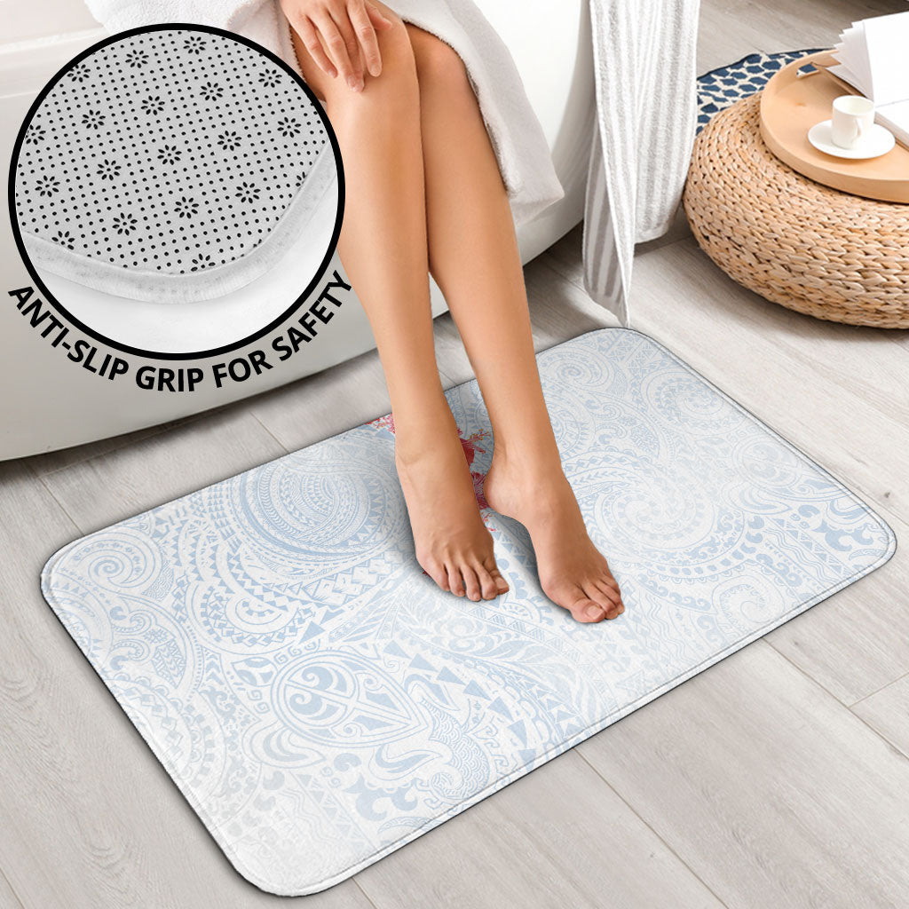 Hawaiian Tribal Tattoo and Hibiscus Bathroom Set Polynesian Pattern Airy White Blue Cloud