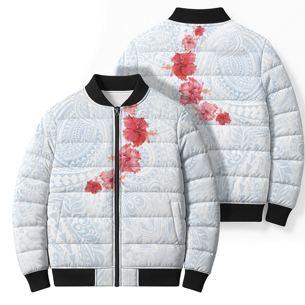 Hawaiian Tribal Tattoo and Hibiscus Bomber Puffer Jacket Polynesian Pattern Airy White Blue Cloud