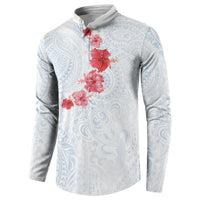 Hawaiian Tribal Tattoo and Hibiscus Button Sweatshirt Polynesian Pattern Airy White Blue Cloud