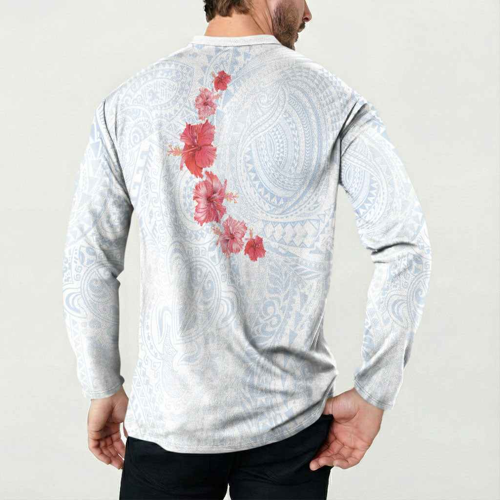Hawaiian Tribal Tattoo and Hibiscus Button Sweatshirt Polynesian Pattern Airy White Blue Cloud