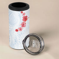 Hawaiian Tribal Tattoo and Hibiscus 4 in 1 Can Cooler Tumbler Polynesian Pattern Airy White Blue Cloud