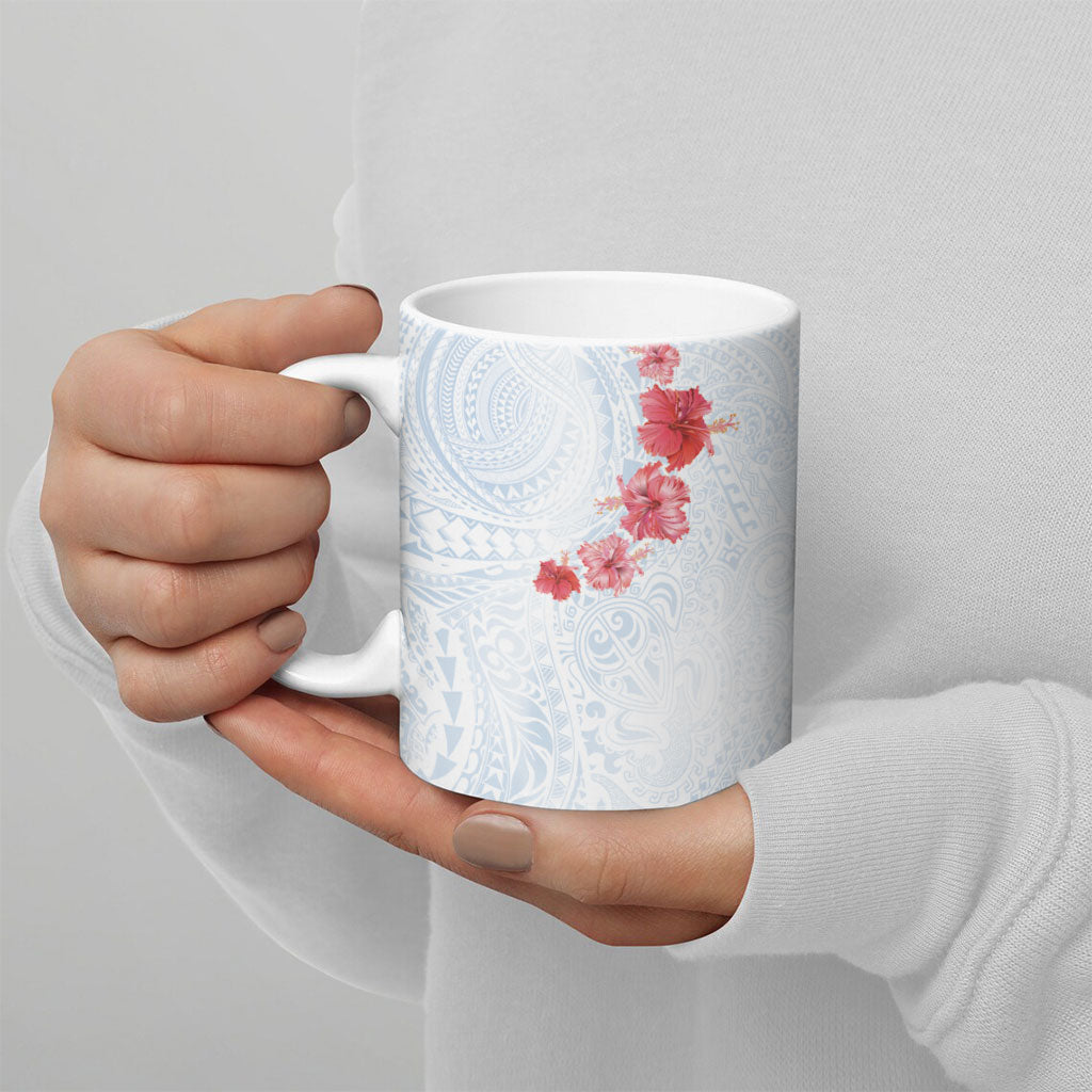 Hawaiian Tribal Tattoo and Hibiscus Ceramic Mug Polynesian Pattern Airy White Blue Cloud
