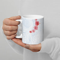 Hawaiian Tribal Tattoo and Hibiscus Ceramic Mug Polynesian Pattern Airy White Blue Cloud