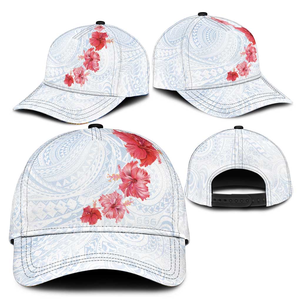 Hawaiian Tribal Tattoo and Hibiscus Classic Cap Polynesian Pattern Airy White Blue Cloud