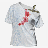 Hawaiian Tribal Tattoo and Hibiscus Cross Shoulder Shirt Polynesian Pattern Airy White Blue Cloud