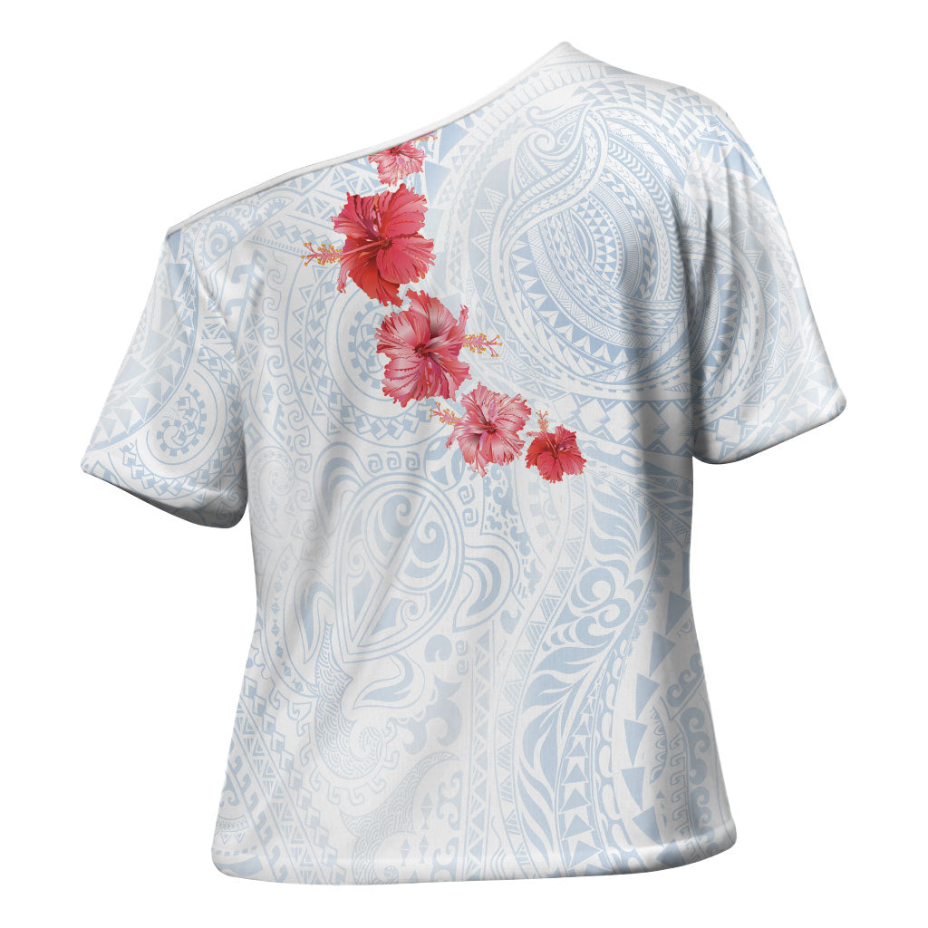 Hawaiian Tribal Tattoo and Hibiscus Cross Shoulder Shirt Polynesian Pattern Airy White Blue Cloud