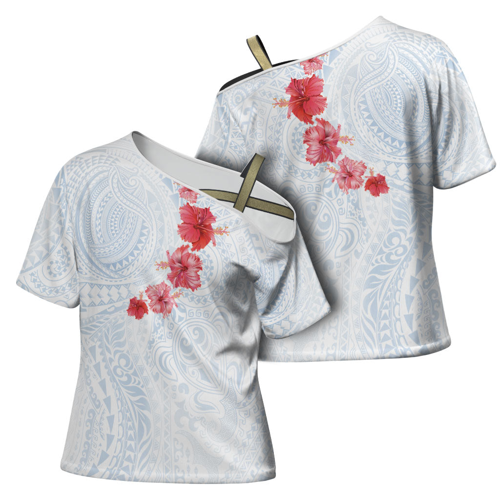 Hawaiian Tribal Tattoo and Hibiscus Cross Shoulder Shirt Polynesian Pattern Airy White Blue Cloud