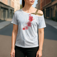 Hawaiian Tribal Tattoo and Hibiscus Cross Shoulder Shirt Polynesian Pattern Airy White Blue Cloud