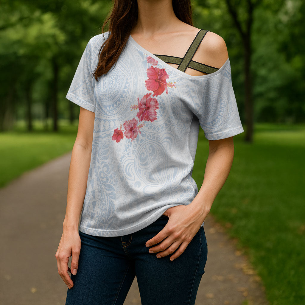 Hawaiian Tribal Tattoo and Hibiscus Cross Shoulder Shirt Polynesian Pattern Airy White Blue Cloud