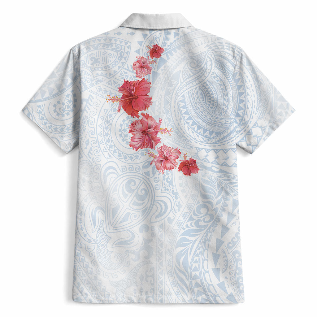 Hawaiian Tribal Tattoo and Hibiscus Hawaiian Shirt Polynesian Pattern Airy White Blue Cloud