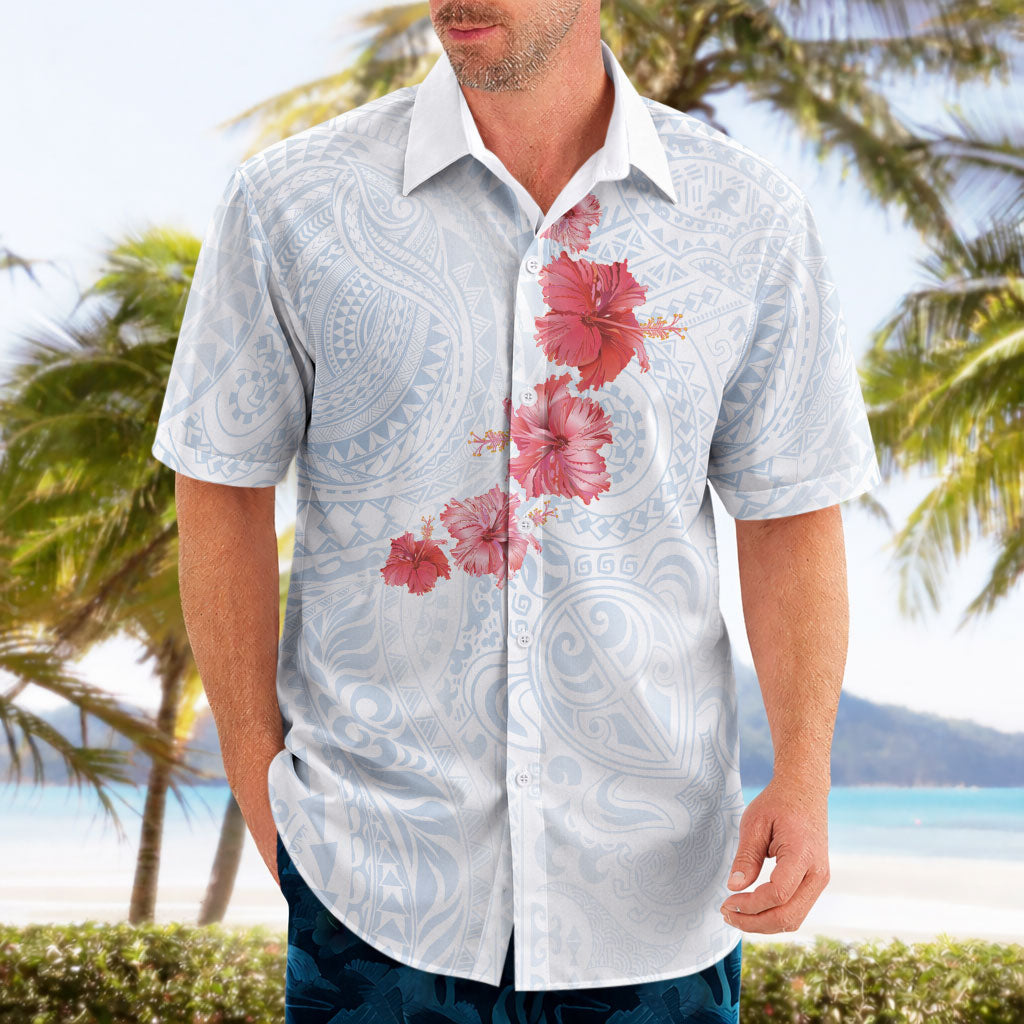 Hawaiian Tribal Tattoo and Hibiscus Hawaiian Shirt Polynesian Pattern Airy White Blue Cloud