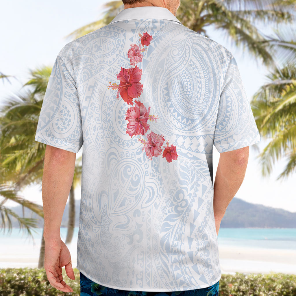 Hawaiian Tribal Tattoo and Hibiscus Hawaiian Shirt Polynesian Pattern Airy White Blue Cloud