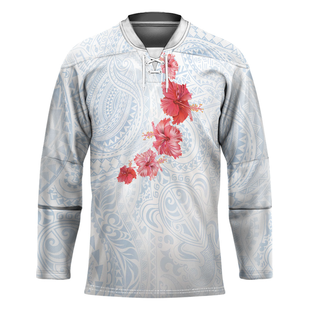 Hawaiian Tribal Tattoo and Hibiscus Hockey Jersey Polynesian Pattern Airy White Blue Cloud