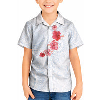 Hawaiian Tribal Tattoo and Hibiscus Kid Hawaiian Shirt Polynesian Pattern Airy White Blue Cloud