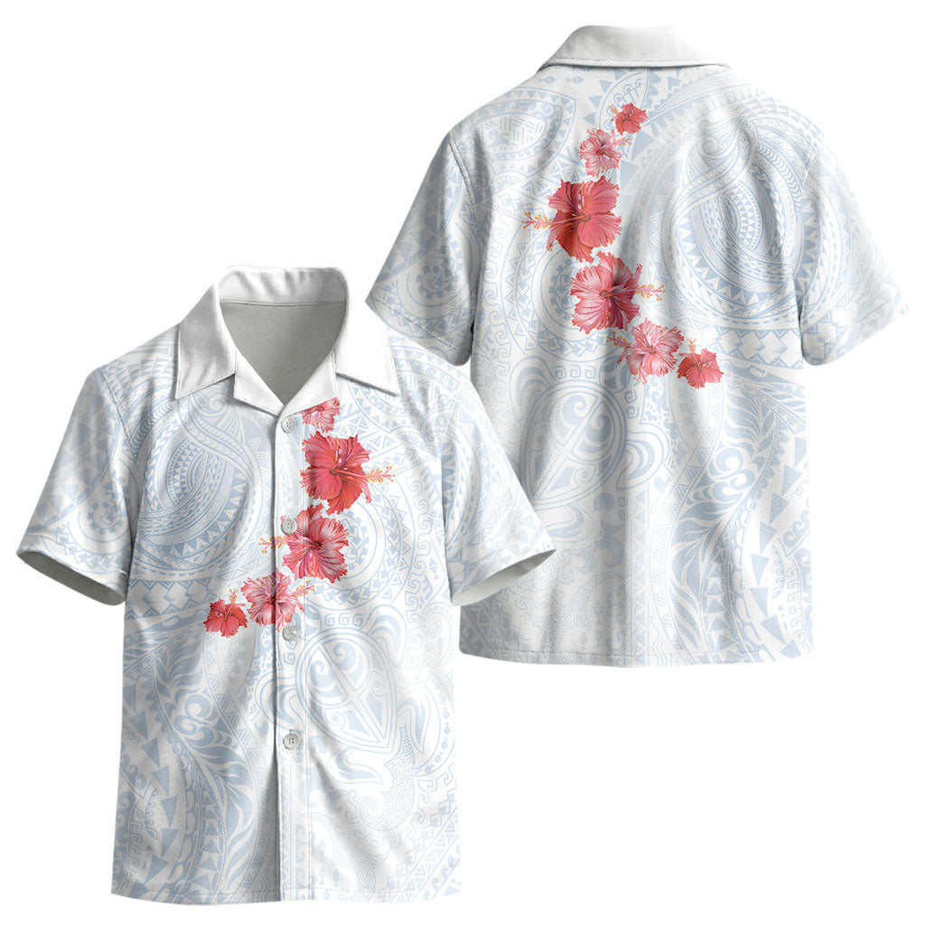 Hawaiian Tribal Tattoo and Hibiscus Kid Hawaiian Shirt Polynesian Pattern Airy White Blue Cloud