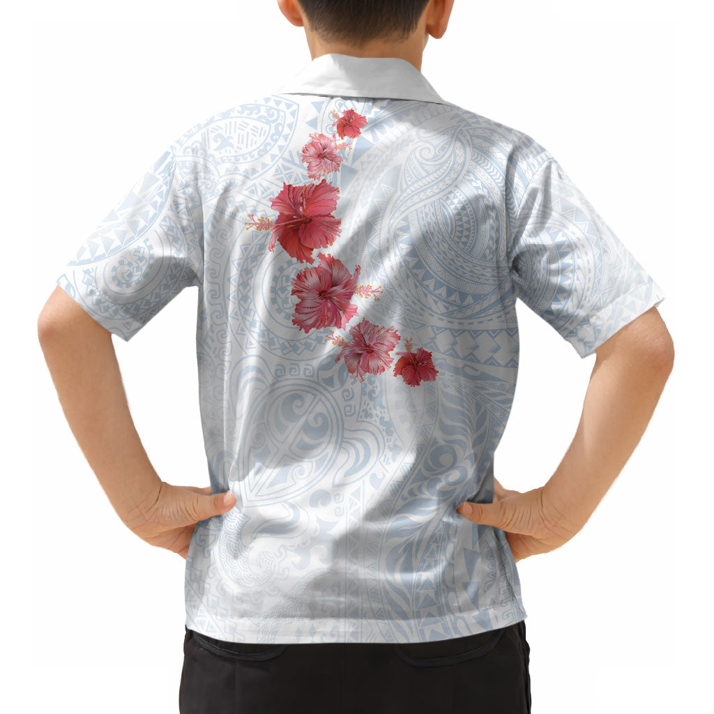 Hawaiian Tribal Tattoo and Hibiscus Kid Hawaiian Shirt Polynesian Pattern Airy White Blue Cloud