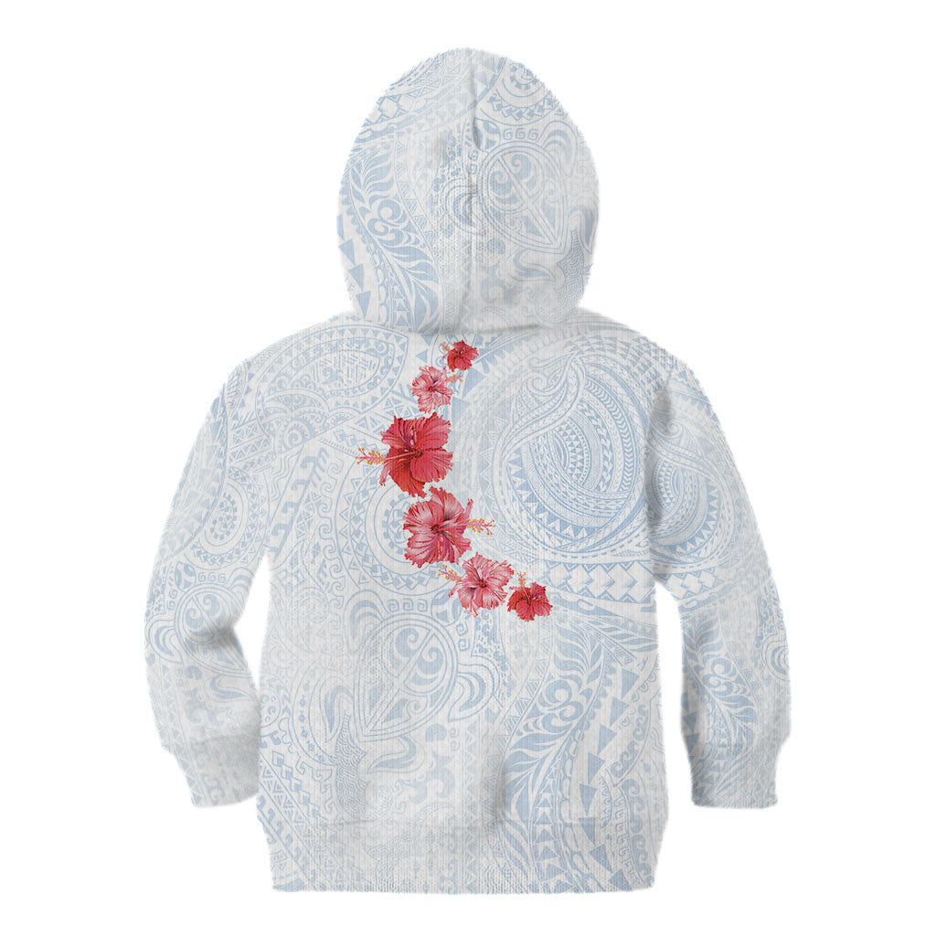 Hawaiian Tribal Tattoo and Hibiscus Kid Hoodie Polynesian Pattern Airy White Blue Cloud