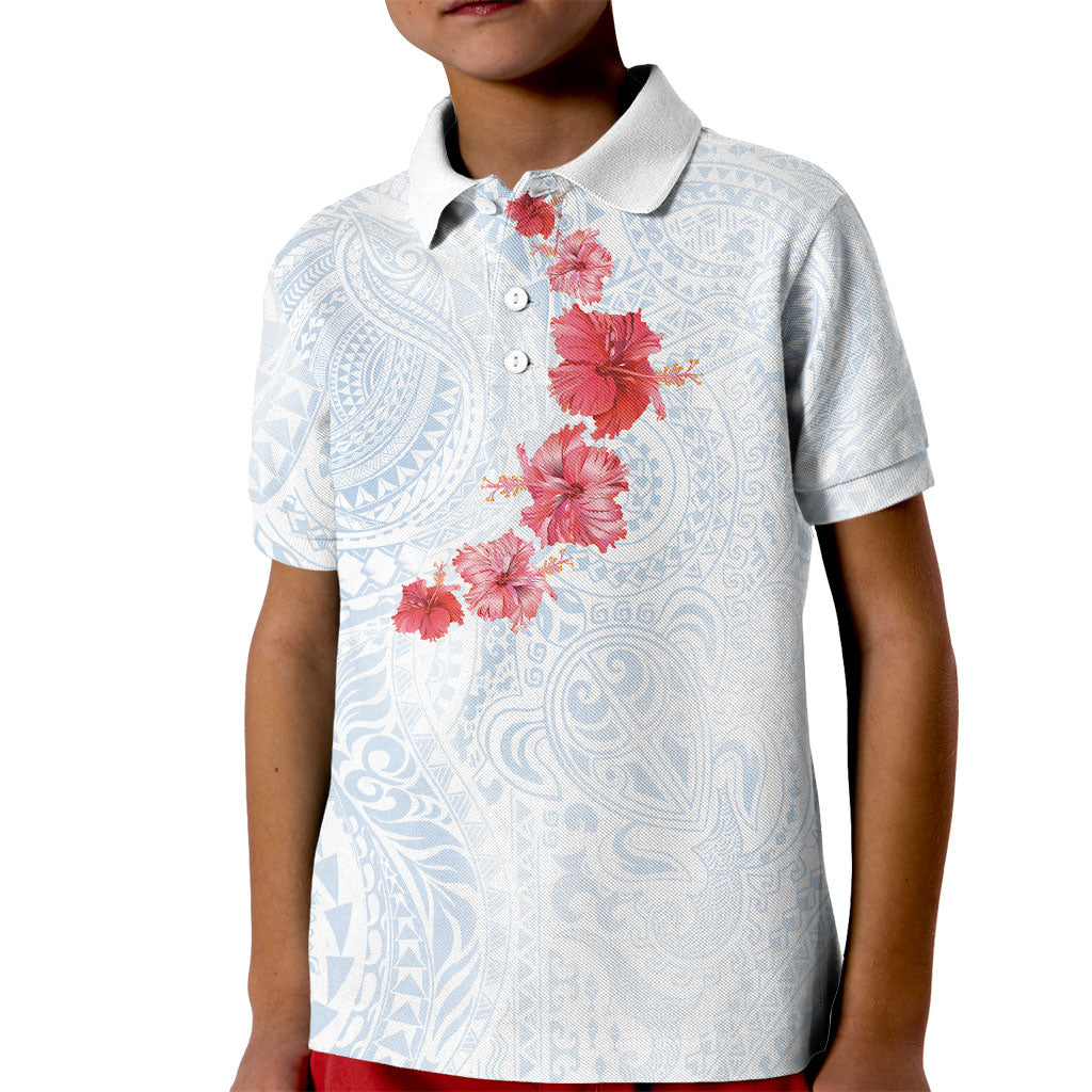 Hawaiian Tribal Tattoo and Hibiscus Kid Polo Shirt Polynesian Pattern Airy White Blue Cloud
