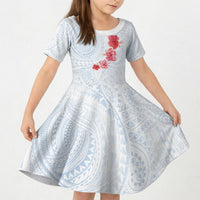 Hawaiian Tribal Tattoo and Hibiscus Kid Short Sleeve Dress Polynesian Pattern Airy White Blue Cloud