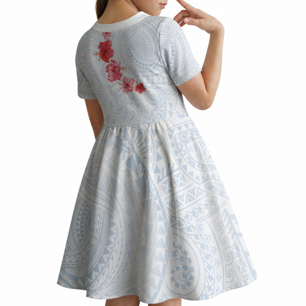 Hawaiian Tribal Tattoo and Hibiscus Kid Short Sleeve Dress Polynesian Pattern Airy White Blue Cloud