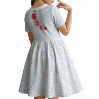 Hawaiian Tribal Tattoo and Hibiscus Kid Short Sleeve Dress Polynesian Pattern Airy White Blue Cloud