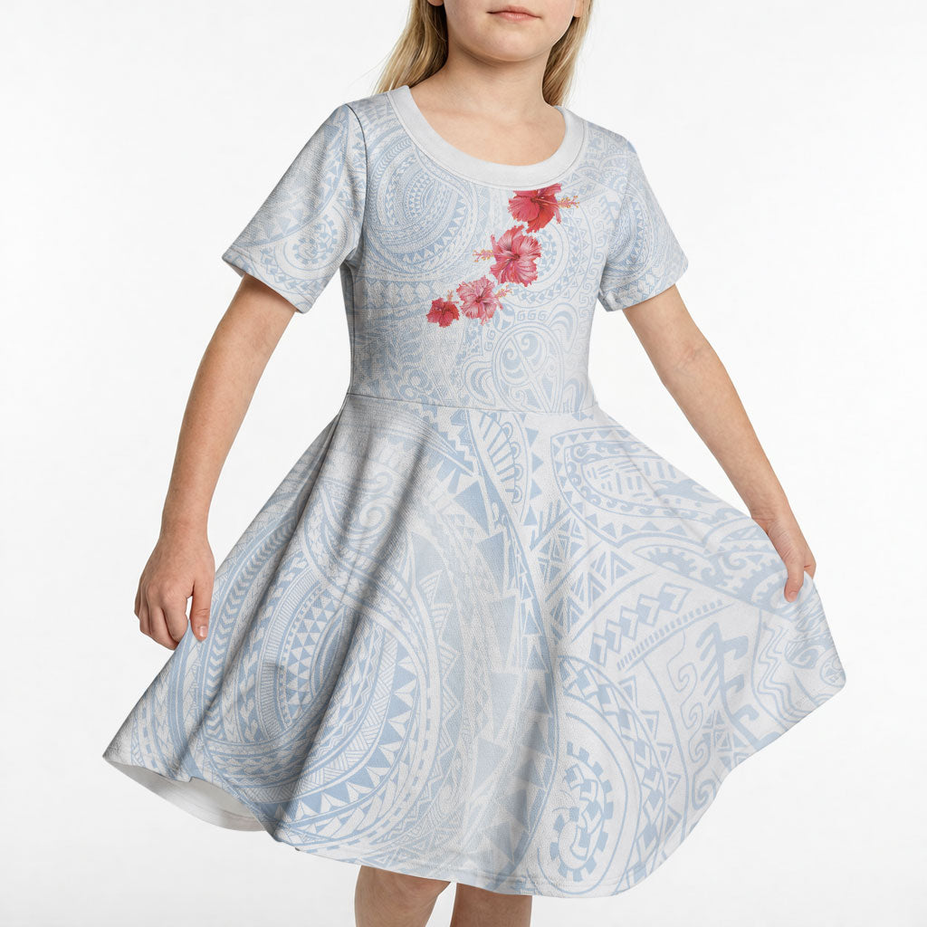Hawaiian Tribal Tattoo and Hibiscus Kid Short Sleeve Dress Polynesian Pattern Airy White Blue Cloud