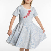 Hawaiian Tribal Tattoo and Hibiscus Kid Short Sleeve Dress Polynesian Pattern Airy White Blue Cloud