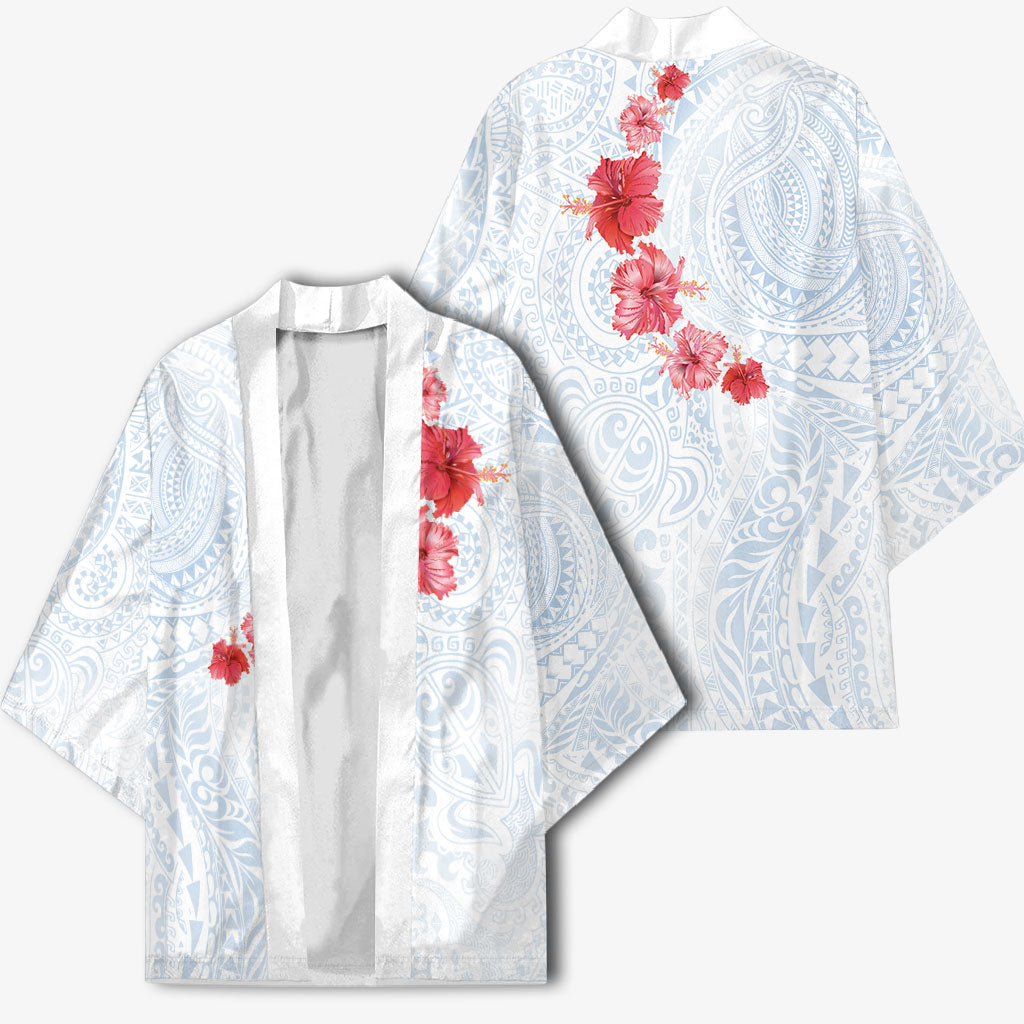 Hawaiian Tribal Tattoo and Hibiscus Kimono Polynesian Pattern Airy White Blue Cloud