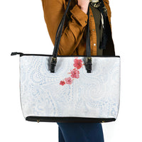 Hawaiian Tribal Tattoo and Hibiscus Leather Tote Bag Polynesian Pattern Airy White Blue Cloud