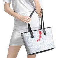 Hawaiian Tribal Tattoo and Hibiscus Leather Tote Bag Polynesian Pattern Airy White Blue Cloud