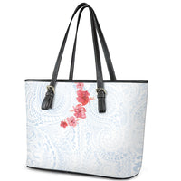 Hawaiian Tribal Tattoo and Hibiscus Leather Tote Bag Polynesian Pattern Airy White Blue Cloud