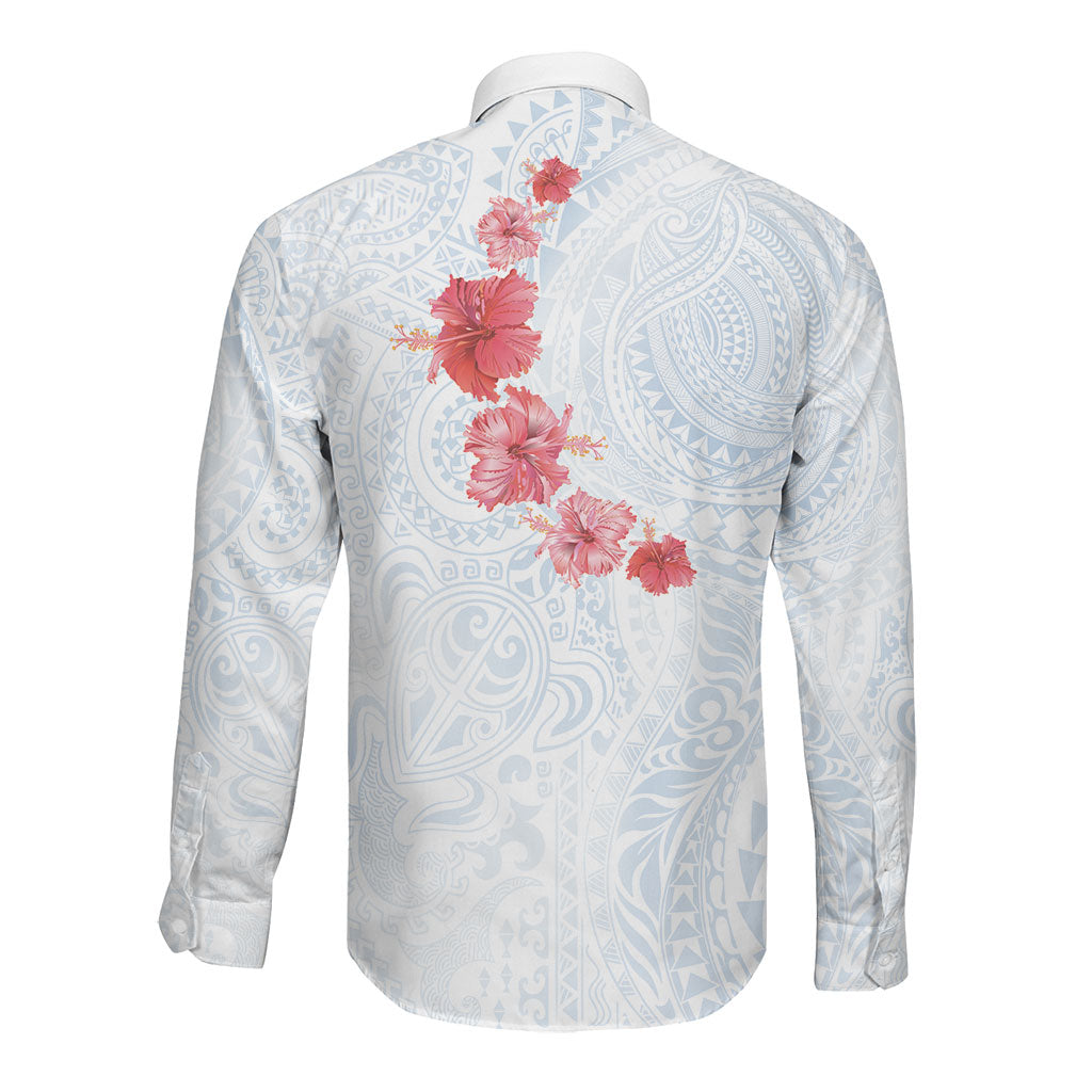Hawaiian Tribal Tattoo and Hibiscus Long Sleeve Button Shirt Polynesian Pattern Airy White Blue Cloud