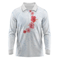 Hawaiian Tribal Tattoo and Hibiscus Long Sleeve Polo Shirt Polynesian Pattern Airy White Blue Cloud