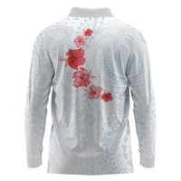 Hawaiian Tribal Tattoo and Hibiscus Long Sleeve Polo Shirt Polynesian Pattern Airy White Blue Cloud