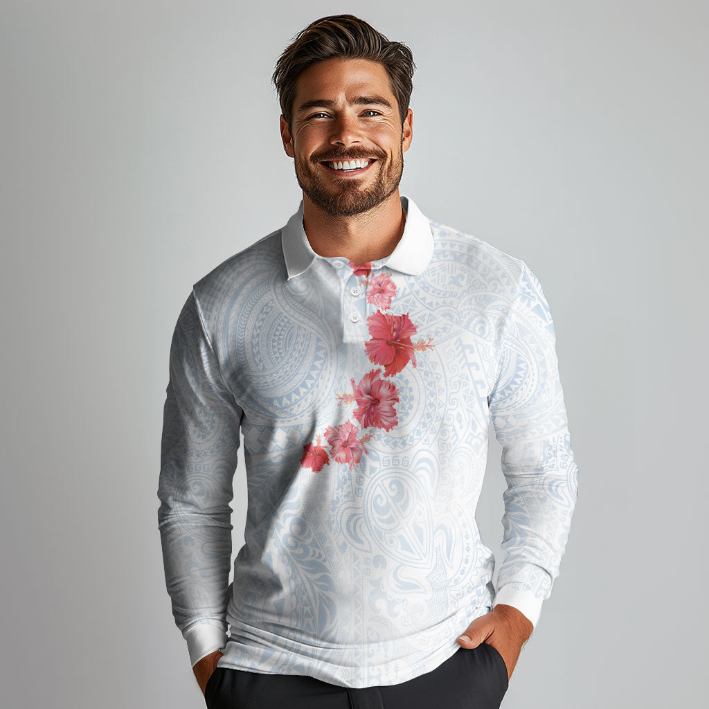 Hawaiian Tribal Tattoo and Hibiscus Long Sleeve Polo Shirt Polynesian Pattern Airy White Blue Cloud