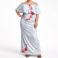 Hawaiian Tribal Tattoo and Hibiscus Off Shoulder Maxi Dress Polynesian Pattern Airy White Blue Cloud